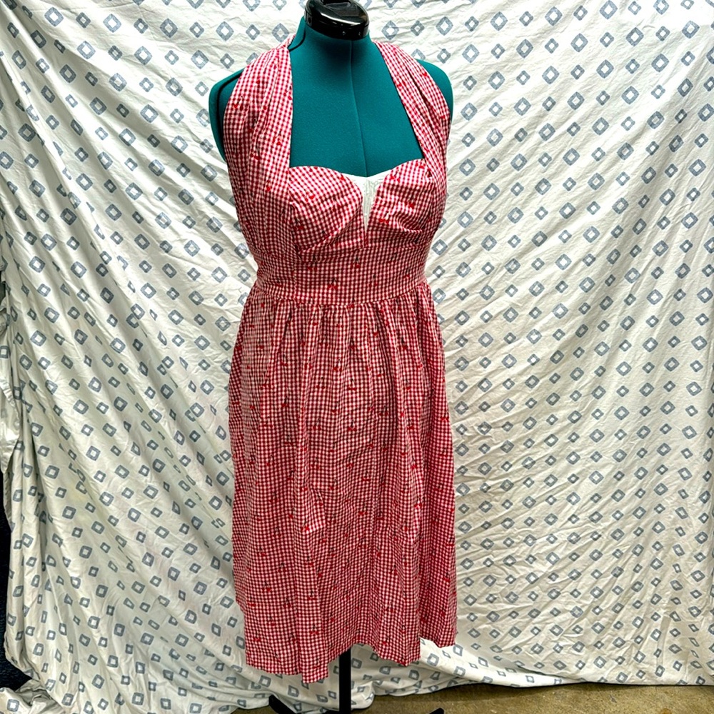 NWT Unique Vintage Halter Red Gingham Cherry Dress Pin Up